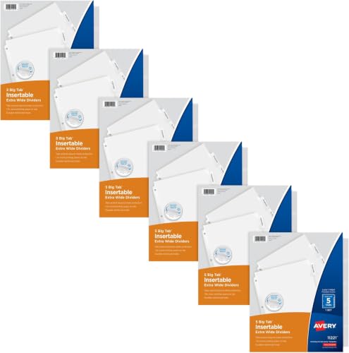 Avery Extra-Wide Big Tab Insertable Dividers for 3 Ring Binders, 5 Tab Sets, White Paper, Clear Tabs, Works with Sheet Protectors, 6 Sets (41121) | (Pack of 6) - color: Clear, size: 5 tab (Pack of 6), style: 6 Sets