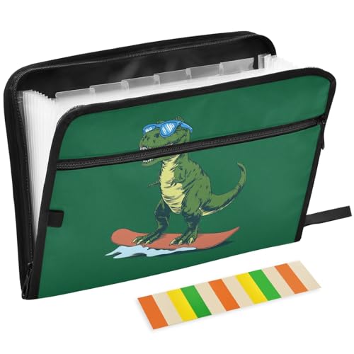 Dinosaur Surfer Sunglasses Expanding File Folder 13 Pockets Hip Hop Tyrannosaurus Expandable Filing Folders Accordion Document Files Organizer for A4 Letter Size Paper - color: Dinosaur Surfer