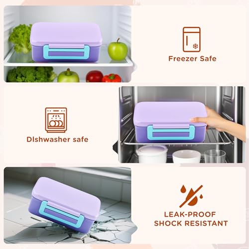 MAISON HUIS Bento Box for Kids with 8oz Soup Thermo, Insulated Lunch Bag & 17oz Water Bottle, 2-Compartment Bento Box with Built-In Ice Pack, Leak-Proof & BPA-Free (Purple) - color: Purple