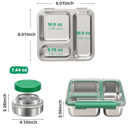 Pawtong Stainless Steel Bento Box Kids Adult with 7oz Insulated Food Jar, Transparent Lid Metal Lunch Box With Soup Thermal Jar, Lunch Box Container with Removable Divider & Sauce Cup School (Green) - color: Green