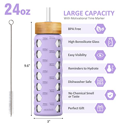 MUKOKO 24oz Glass Water Bottle, Purple | Glass Tumbler with Straw, Drinking Bottles with 2 Lids-Handle Spout Lid & Bamboo Straw Lid, Silicone Sleeve, 1 Pack - color: Purple, size: 24 Ounces