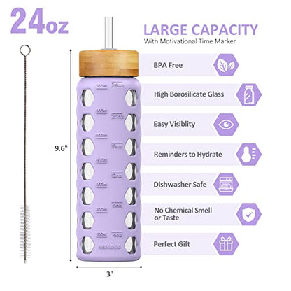 MUKOKO 24oz Glass Water Bottle, Purple | Glass Tumbler with Straw, Drinking Bottles with 2 Lids-Handle Spout Lid & Bamboo Straw Lid, Silicone Sleeve, 1 Pack - color: Purple, size: 24 Ounces