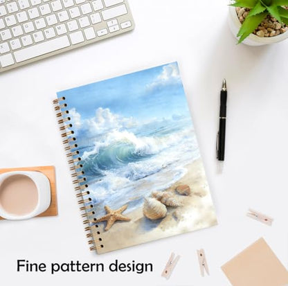 XUNLURY Ocean Beach Notebook, Blue Coastal Beachy Starfish Seashell Journal, Beach Themed Gifts Journal, Gifts for Ocean Lovers Hardcover Spiral Notebooks, 5.5x8.3 Inch - color: Color_F