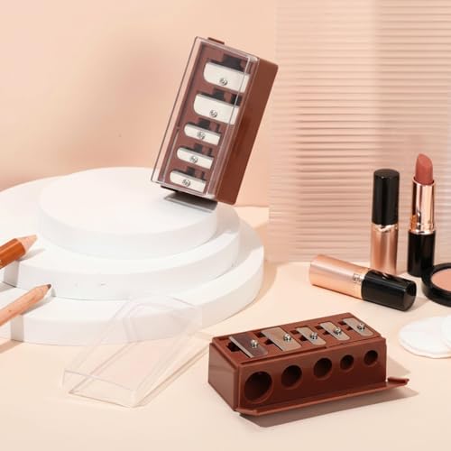 Honoson 2 Pcs 5 Hole Cosmetic Long Point Manual Pencil Sharpener with Plastic Lid Makeup Eyeliner Pencil Sharpener (Brown) - color: Brown