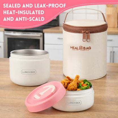 Dandat 2 Pcs Portable Insulated Lunch Containers Thermal Bento Box with Bag Fork Knife Stainless Steel Lunch Box 15.2 oz 21 oz Separate Stackable Food Jar for Adult Men Women(Pink) - color: Pink