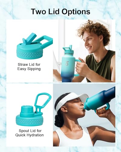 Trebo Insulated Water Bottle 40oz Fits in Car Cup Holder with Side Handle | Stainless Steel Metal Tumbler with Straw Spout Lids, Triple-Wall Vacuum Copper Plated, Cold 48 Hrs Hot 24 Hrs for Travel, Gym - color: Blue, size: 40 Ounces