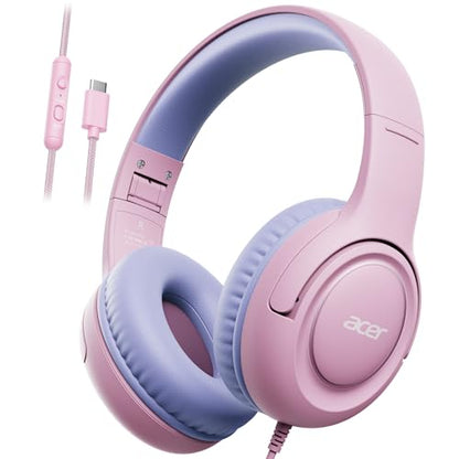 Acer USB-C Kids Headphones - 85/94dB Safe Volume Limited, Foldable Wired Over Ear Headphones for Travel, Toddler Headphones for School, Travel, iPad, Tablet, Purple Pink, HK03C - color: USB-C Purple Pink
