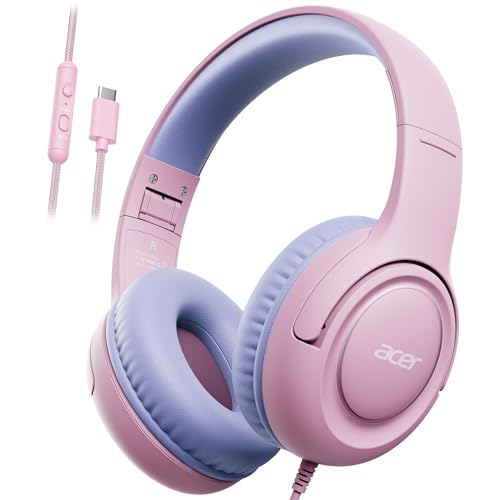 Acer USB-C Kids Headphones - 85/94dB Safe Volume Limited, Foldable Wired Over Ear Headphones for Travel, Toddler Headphones for School, Travel, iPad, Tablet, Purple Pink, HK03C - color: USB-C Purple Pink