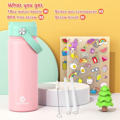 GoKEDA 18oz Kids Water Bottle, Stainless Steel Straw Cup - color: Pink