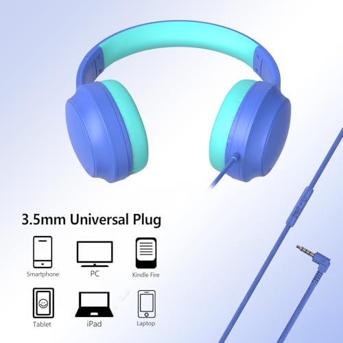 Kids Headphones Wired,Wired Headphones for Kids Over Ear with Microphone,85/94dB Volume Limiter Headphone for Kids Boys Girls Teens Children,3.5mm Wired Foldable Headphone for School/Tablet (Blue) - color: Blue