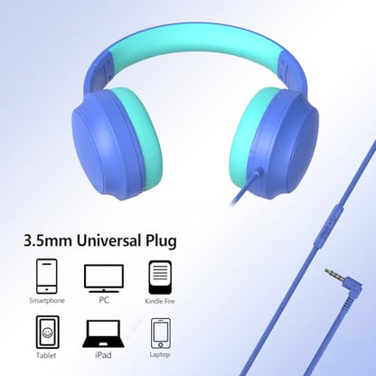 Kids Headphones Wired,Wired Headphones for Kids Over Ear with Microphone,85/94dB Volume Limiter Headphone for Kids Boys Girls Teens Children,3.5mm Wired Foldable Headphone for School/Tablet (Blue) - color: Blue