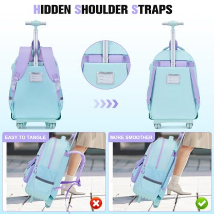 ACESAK Rolling Backpack for Girls - Roller Wheels School Bookbag with Lunch Bag & Pencil Pouch for Teen Girls Kids Wheeled Suitcase Backpacks, Elementary Middle School Travel Daypack (Blue Purple) - color: Blue-purple