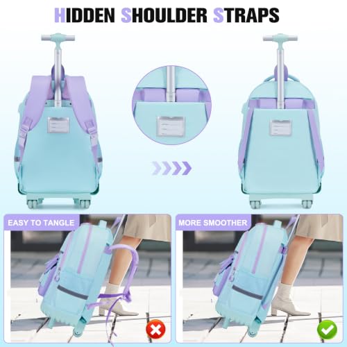 ACESAK Rolling Backpack for Girls - Roller Wheels School Bookbag with Lunch Bag & Pencil Pouch for Teen Girls Kids Wheeled Suitcase Backpacks, Elementary Middle School Travel Daypack (Blue Purple) - color: Blue-purple