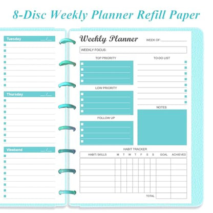 Junior Size Undated Weekly Planner Refills - 8-Disc 53 Sheets/106 Pages Weekly Planner for Half Letter Size, 100 gsm White Paper, Lasts 1 Year, Undated, 5.8" x 8.3", Teal - size: 1-Pack, style: 8-Disc/Junior Size