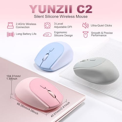 YUNZII C2 Wireless Mouse,2.4GHz Cute Silicone Noiseless Wireless Computer Mouse, Quiet Clicks, 3 Adjustable DPI, 1600 DPI Optical Tracking, Portable Ergonomic Mice for Laptop/PC/Mac (Pink) - color: Pink