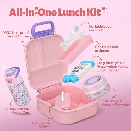 Itslife Bento Box for Kids Set, Insulated Food Container,Kids Lunch Box, 7 oz Thermos for Hot Food, 12 oz Thermos Water Bottle, Reusable Insulated Ice Bag & Fork Spoon Utensils Camping Travel Pink - color: Pink-DJ