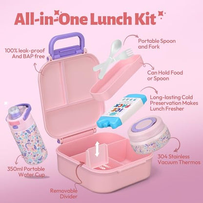 Itslife Bento Box for Kids Set, Insulated Food Container,Kids Lunch Box, 7 oz Thermos for Hot Food, 12 oz Thermos Water Bottle, Reusable Insulated Ice Bag & Fork Spoon Utensils Camping Travel Pink - color: Pink-DJ