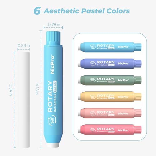 Nicpro 6 Pack Rotary Retractable Erasers, Soft TPE Twist Erasers in Cute Rainbow Colors, Clean Erasing Large Pencil Eraser for Students Kids, School Supplies, Office, Stationary, Drawing & Journaling - color: Rainbow