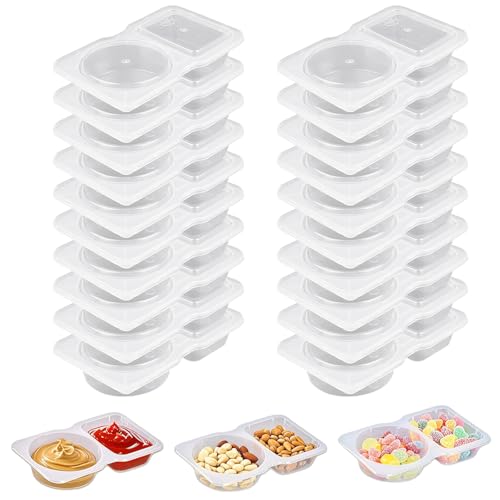 20 Pack Double Compartment Condiment Containers with Lids Reusable Leakproof Plastic Snack Containers for Sauce Dip Dressing Travel and Sampling Clear To-Go Dual Compartment Food Storage (Clear-20Pcs)