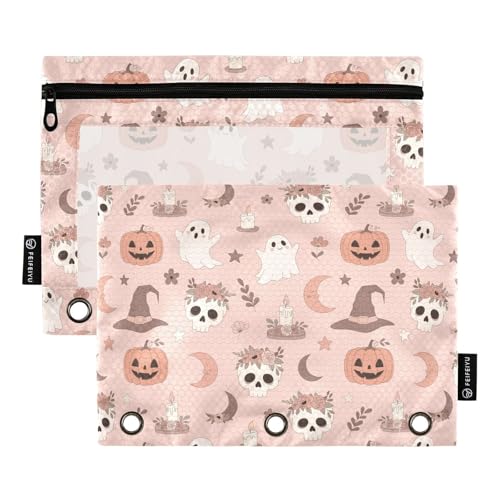 Emelivor Halloween Pumpkin Head Pencil Pouch for 3 Ring Binder 2 Pack Binder Pencil Case with Clear Window Pencils Bags with Zipper for Office Daily College Home Supplies - color: 15-Pumpkin Head