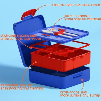 Fimibuke Kids Bento Snack Lunch Box with Thermo Insulated Toddler Lunch Bag | Lunch Box Kids with 4 Compartment, Food Jar, Ice Pack, Utensils, Birthday Gifts for Ages 3-12 Back to School Toddler Girl Boy - color: A8.Trucks