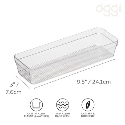 Oggi Clear Drawer Organizer - 3" X 9.5" - Ideal for Organizing Kitchen Drawers, Office, Desk, Silverware, Kitchen Utensils, Cosmetics and Bathrooms - size: 3" by 9"