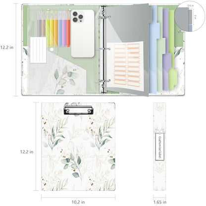 3 Ring 1 Inch Binder Organizer, KLLVE Three Ring Binders with Clipboard, 5 Pocket Divider with tabs, Folder, 18 Divider Stikers, Pen Loop (Leaves, Letter Size) - color: Leaves, size: 1in（Letter Size）