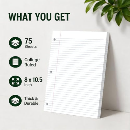 Loose Leaf Paper, 75 Sheets Notebook Lined Pads, 8 x 10.5 College Ruled Filler Paper, 3-Hole Punched Binder Paper for 3-Ring Binders, Double-Side Printed Note Pads for Home, Office, School, 1 Pack