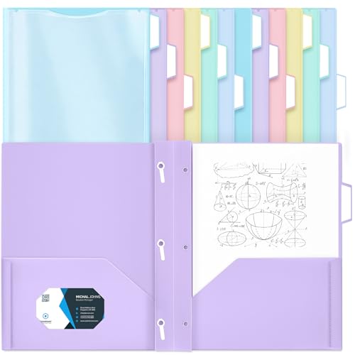 Fuutreo 12 Pack Pastel Plastic Folders with 2 Pockets & Clear Front View Pocket, 3 Hole Punched for Binders, 1/3 Cut Tabs, Heavy Duty Letter Size Clear Front View, 3 Hole Punched - style: 3-prong with View Pocket Style