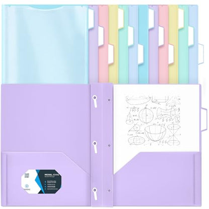 Fuutreo 12 Pack Pastel Plastic Folders with 2 Pockets & Clear Front View Pocket, 3 Hole Punched for Binders, 1/3 Cut Tabs, Heavy Duty Letter Size Clear Front View, 3 Hole Punched - style: 3-prong with View Pocket Style
