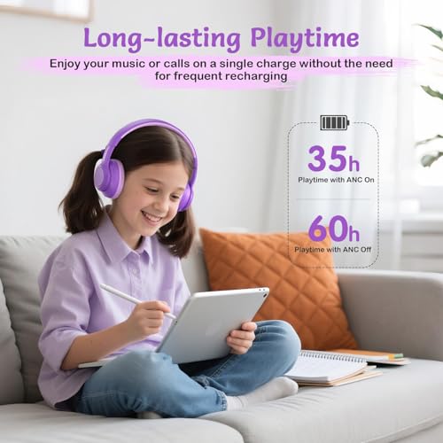 TONOSHARK Kids Bluetooth Headphones with Active Noise Cancelling, Wireless Over-Ear Headphones for Boys Girls, Foldable, Adjustable, 40H Playtime, Mic for School Travel(Purple) - color: Purple