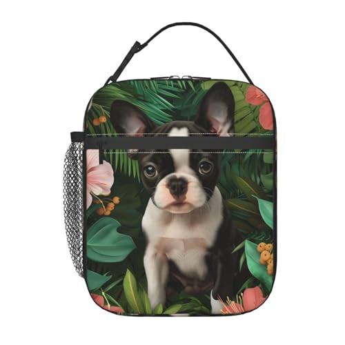 Cute Dog Lunch Box for Kids,Puppy Insulated Bag for Student,Pet Lovers Reusable Thermal Insulation Cooler Tote Bags for School Work Picnic Camping Outdoor Gifts (Boston Terrier and Lush Floral) - color: Boston Terrier and Lush Floral