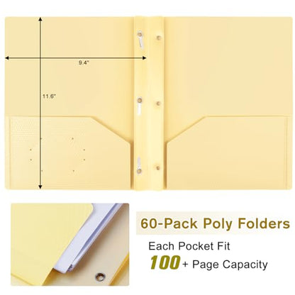 60-Pack Plastic andPockets and Prongs,2-Pocket and3 Fasteners, Pastel Folders Holds 8-1/2" x 11" Paper for School/Office/Home, Yellow - color: Light Yellow, size: 60-Pack