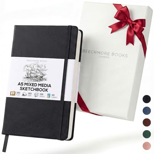 Beechmore Books A5 Mixed Media Sketchbook - 5.8"x8.3" Hardcover Lay-Flat Art Journal, 160 GSM / 98 lb Professional Perforated Paper, Gift Box, for Drawing, Ink and Light Watercolor - color: Charcoal Black, size: A5 - 5.8" x 8.3" Medium