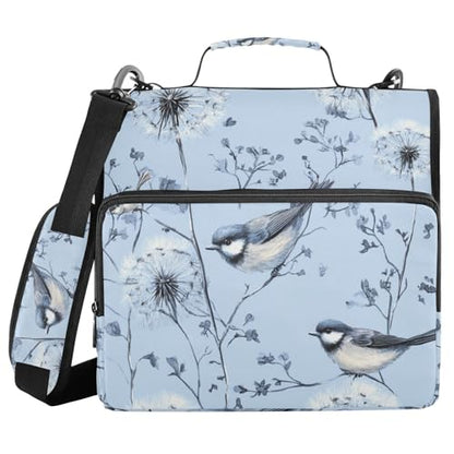 Blue Dandelions and Birds Zipper Binder 3 Ring 1.5 Inch School Binder Organizer with Shoulder Strap Handle File Folder Pockets Large Capacity Students Girl Boy Men Office Work - color: Blue Dandelions and Birds