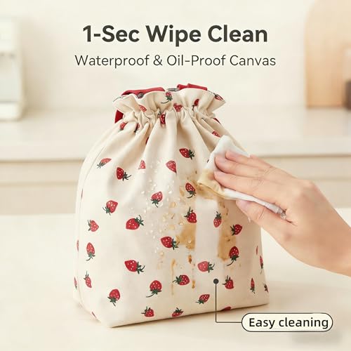 Solid Color & Fruit Print Lunch Bag, Insulated Leakproof Drawstring Pouch with 5mm Anti-Sag Base for Adult Work Commute Picnic (Strawberry Fruit Print) - color: Strawberry Fruit Print