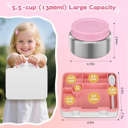 Bento Lunch Box Kids and 9oz Soup Thermo – 5.5-Cup Leakproof Kids Bento Box with Ice Pack & 9oz Insulated Food Jar – Hot & Cold Food Lunch Container for Boy Girl School, Pink Set - color: Pink Set