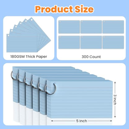 300 Count Blue Index Cards 3x5 Inch with Ring, Heavy Weight Flash Cards, Note Taking Supplies, Portable Note Cards, Study Flashcards for Students & Teachers, Office Home School Study Supplies - color: Blue