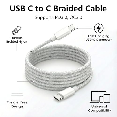 USB C to C Charger Cable, 60W, 6FT, 2-Pack, Gray | Fast Charging, Braided Nylon, for iPhone 17/16/15, MacBook iPad, Galaxy S25/S24 - color: Gray, size: 6FT+6FT