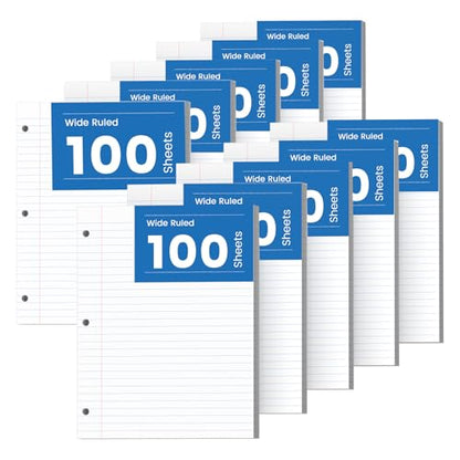 10 Pack Loose Leaf Paper 8.5 x 11, 1000 Sheets Lined Paper for 3 Ring Binders, Wide Ruled Notebook Paper, 3 Hole Punch Binder Paper, 100 Sheets/Pack Filler Paper for Office, School, and Home - style: 8.5x11-Wide Ruled-10 Pack (1000 Sheets)