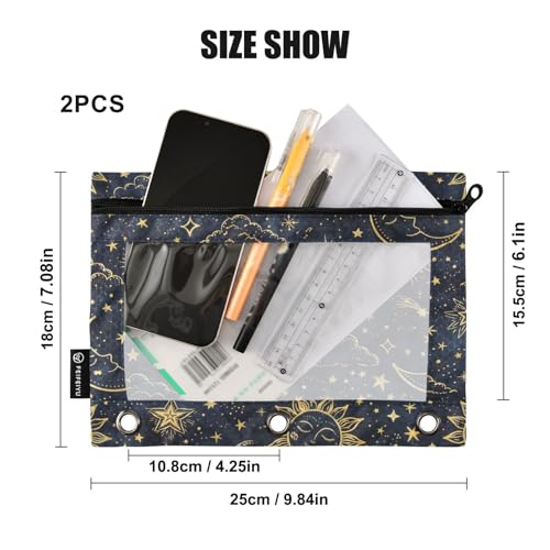 2 Pack Pencil Pouch for 3 Ring Binder Boho Sun Moon Pencil Case Pouch with Clear Window Zipper Binder Pencil Pouches Pen Bag for Office School Supplies - color: Boho Sun Moon