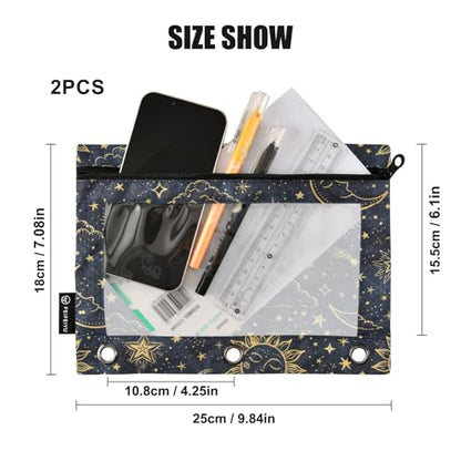 2 Pack Pencil Pouch for 3 Ring Binder Boho Sun Moon Pencil Case Pouch with Clear Window Zipper Binder Pencil Pouches Pen Bag for Office School Supplies - color: Boho Sun Moon
