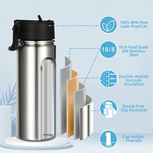 Volhoply 18oz Insulated Water Bottle Bulk 8 Pack,Kids Stainless Steel Water Bottles with Straw,Reusable Metal Water Bottle,Double Wall Vacuum Sports Water Flask For Cold Drink(Silver,8 Set) - color: Silver