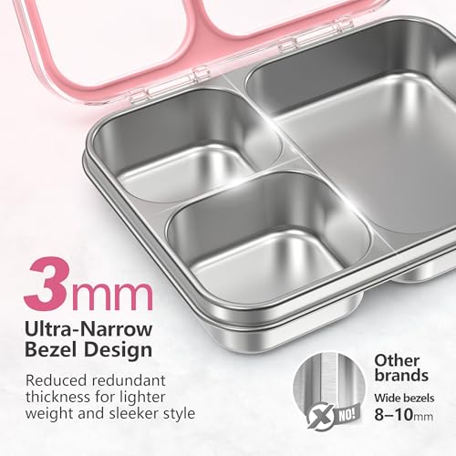 Stainless Steel Bento Lunch Box, 34oz/1000ml Leak Proof Metal Container, Lightweight 3mm Ultra-Narrow Bezel with Tritan Lid for Kids & Adults, 3-Compartment, BPA/BPS Free, Dishwasher Safe, Pink - color: Pink, size: 34oz/1000ml