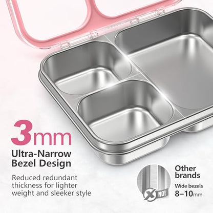 Stainless Steel Bento Lunch Box, 34oz/1000ml Leak Proof Metal Container, Lightweight 3mm Ultra-Narrow Bezel with Tritan Lid for Kids & Adults, 3-Compartment, BPA/BPS Free, Dishwasher Safe, Pink - color: Pink, size: 34oz/1000ml