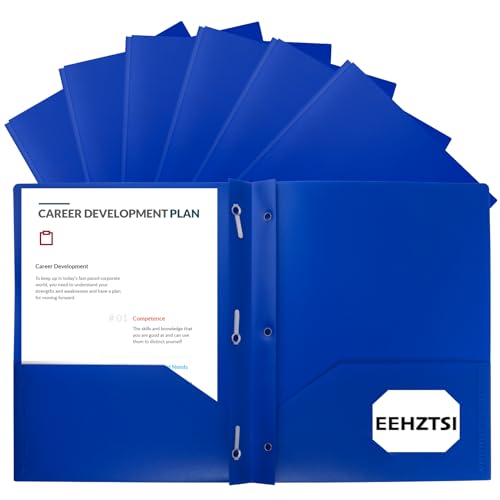12-Pack Plastic Folders with Pockets and Prongs, 2-Pocket Poly Folders with 3 Fasteners Holds 8-1/2" x 11" Paper for School/Office/Home, Blue - color: Deep Blue, size: 12-Pack