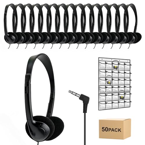 Bulk Headphones for Kids Students School Classroom, Black | 50 Pack, Adjustable, 3.5 mm Jack, For Library Children Adults - size: 50 PACK