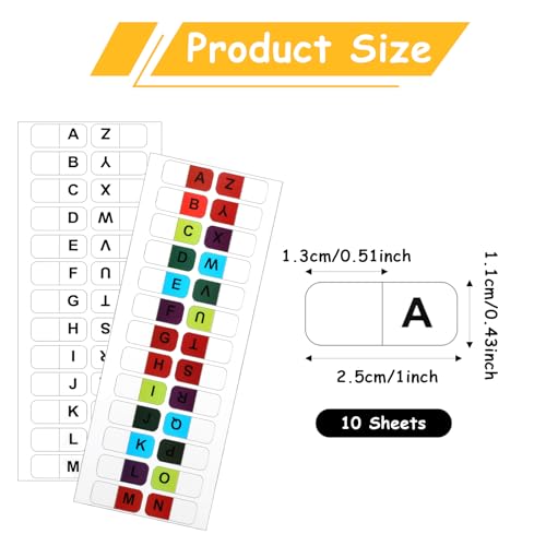 A-Z 26 Alphabet Tabs, Self Adhesive - White and Colorful Letters, 260 Pcs, 10 Sheets - color: Colorful