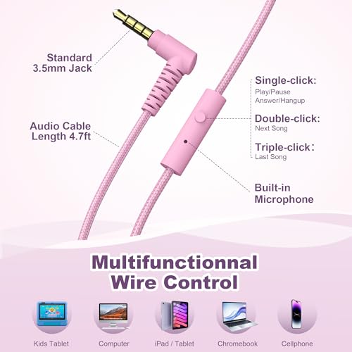 Kids Headphones, Wired Headphones for Kids On Ear with Microphone, 93dB Volume Limiter Headphone for Girls Boys, Foldable Lightweight Headphone for School Learning & Entertainment, Pink Purple - color: Pink Purple