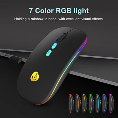 CC Store LED Wireless Bluetooth Mouse &2.4GHz Instant Connection,Rechargeable Ultra Silent Slim,3 Adjustable DPI 2 Connection Modes with USB-C to USB Adapter for Laptop/MacBook/PC/Tablet/iPad (Black) | Bluetooth mouse with 2.4GHz USB receiver, silent slim
